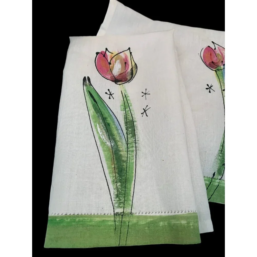 Vintage HAND PAINTED Linen Tea Towels FLORAL Hemstitch Set of 2 NOS 21